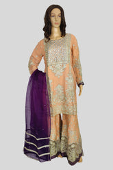 3 Piece Embroidered Chiffon Sharara Set/Suit