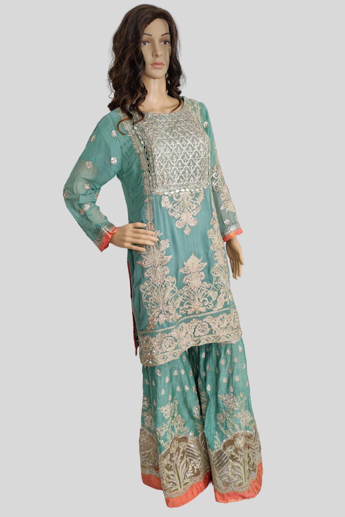 3 Piece Embroidered Chiffon Sharara Set/suit