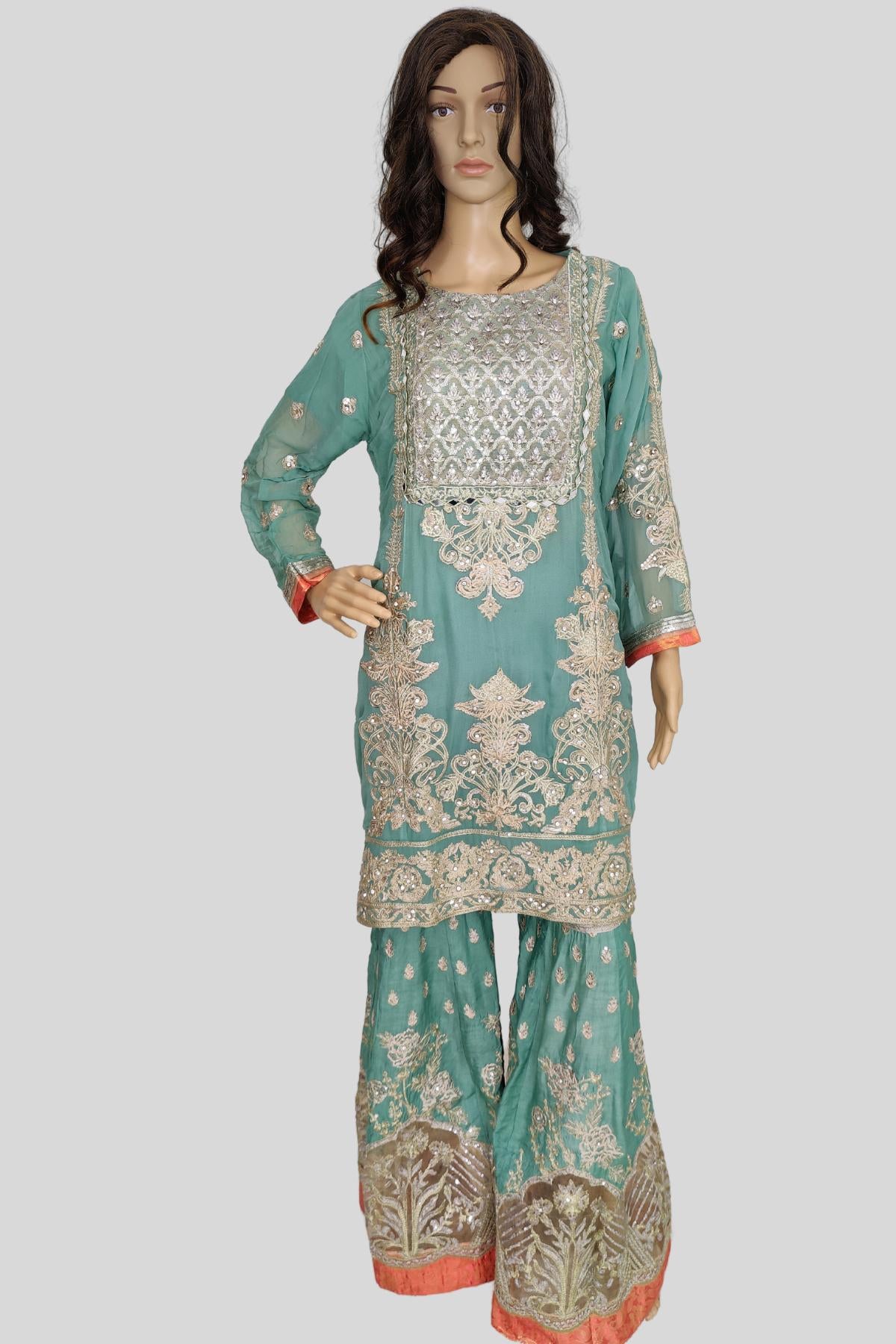 3 Piece Embroidered Chiffon Sharara Set/suit