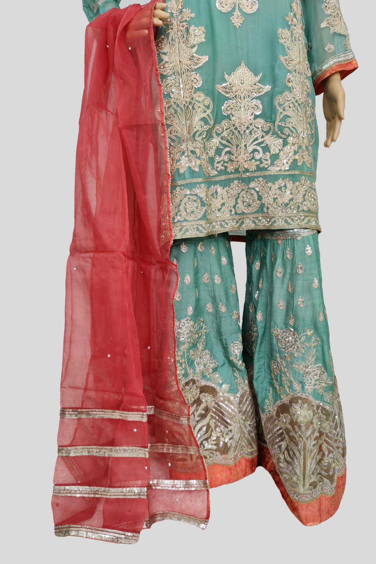 3 Piece Embroidered Chiffon Sharara Set/suit