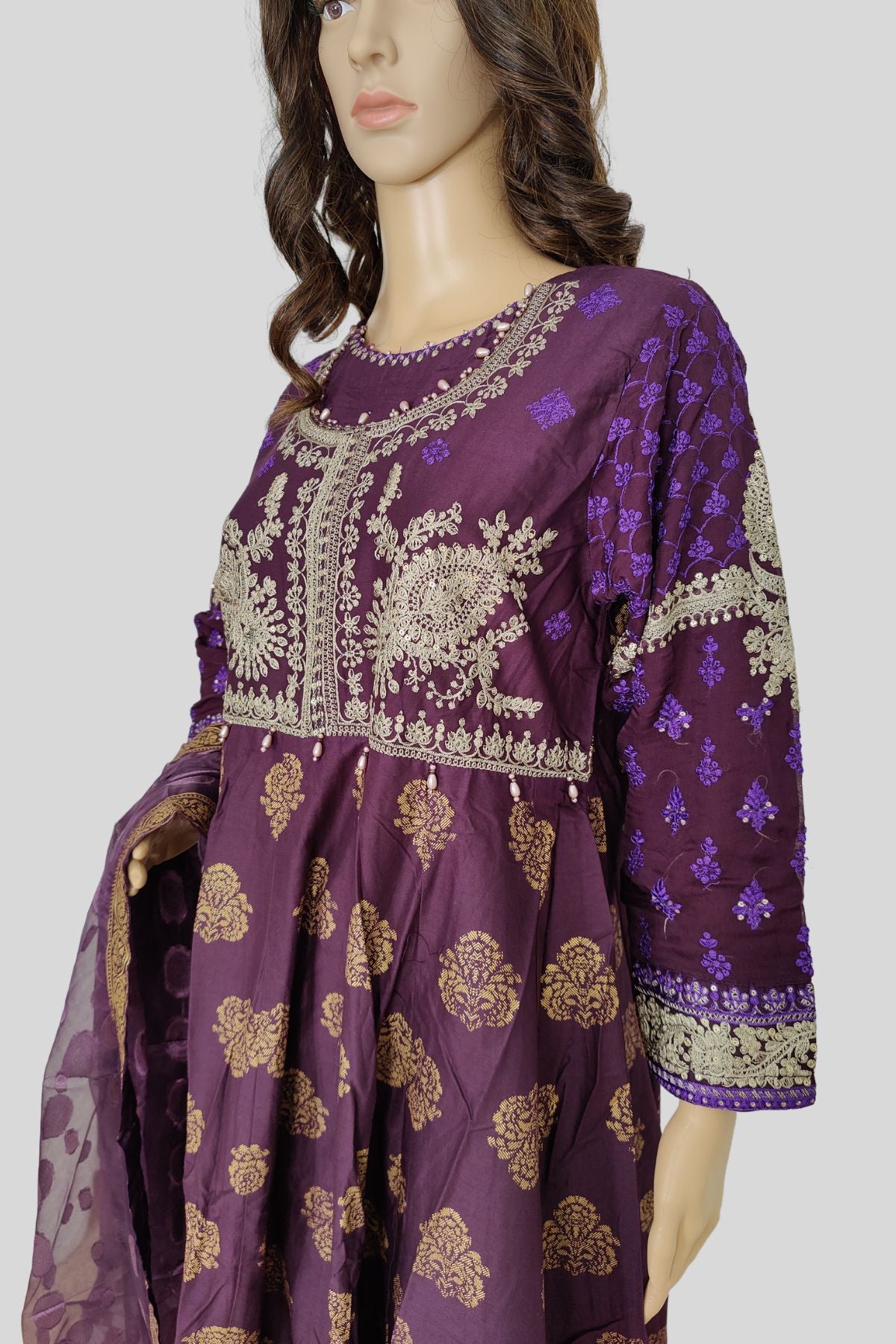 3 Piece Embroidered Chiffon/Cotton Dress