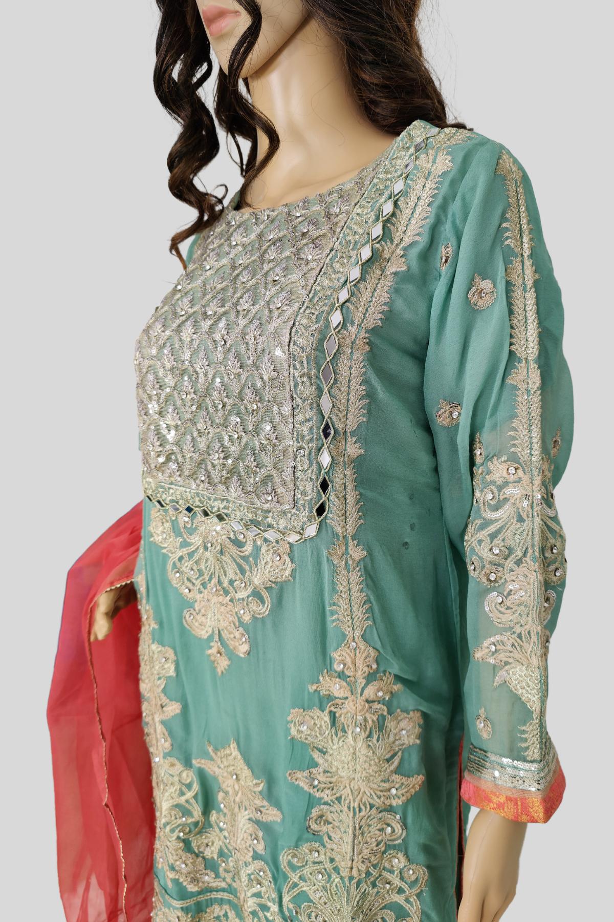 3 Piece Embroidered Chiffon Sharara Set/suit