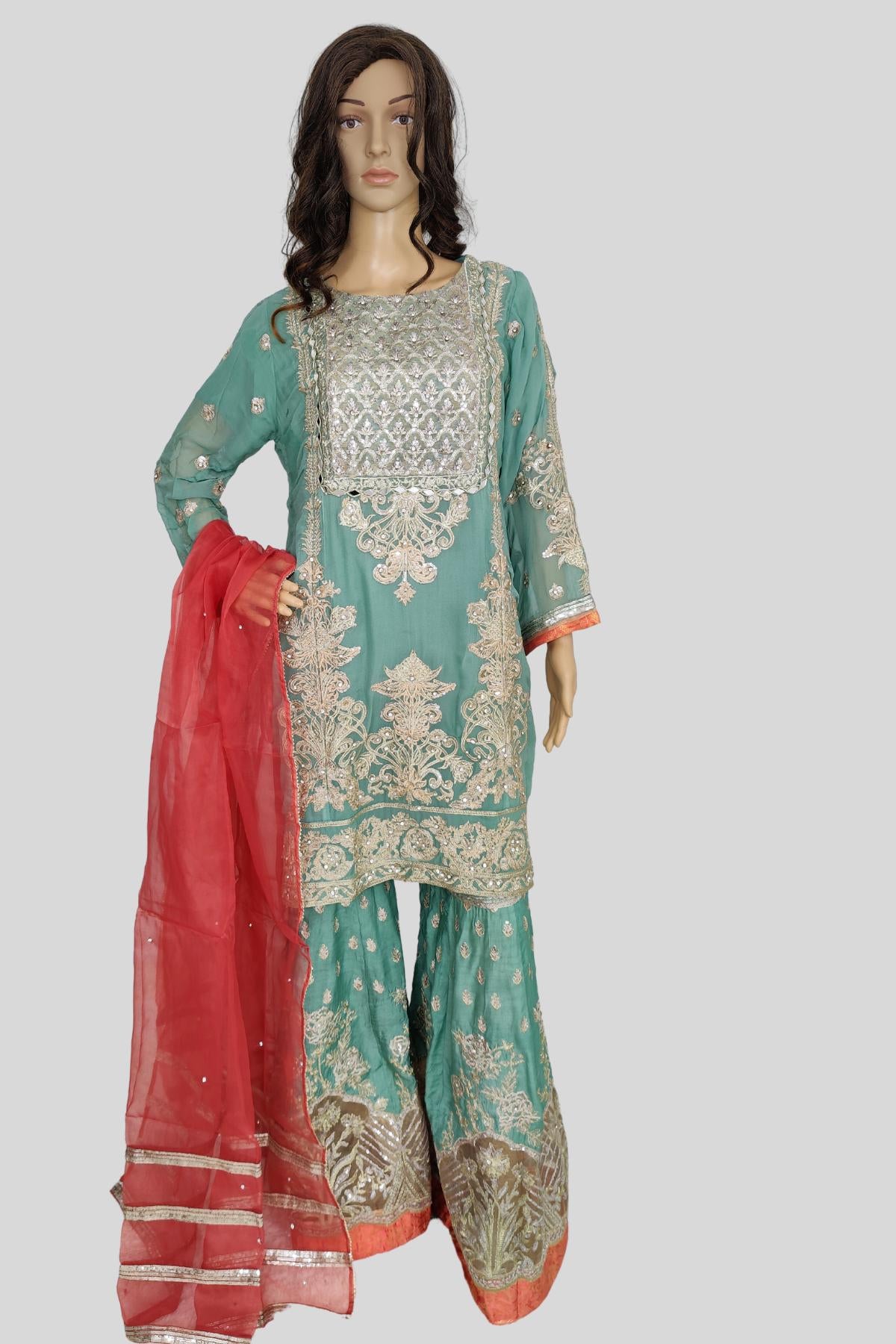 3 Piece Embroidered Chiffon Sharara Set/suit