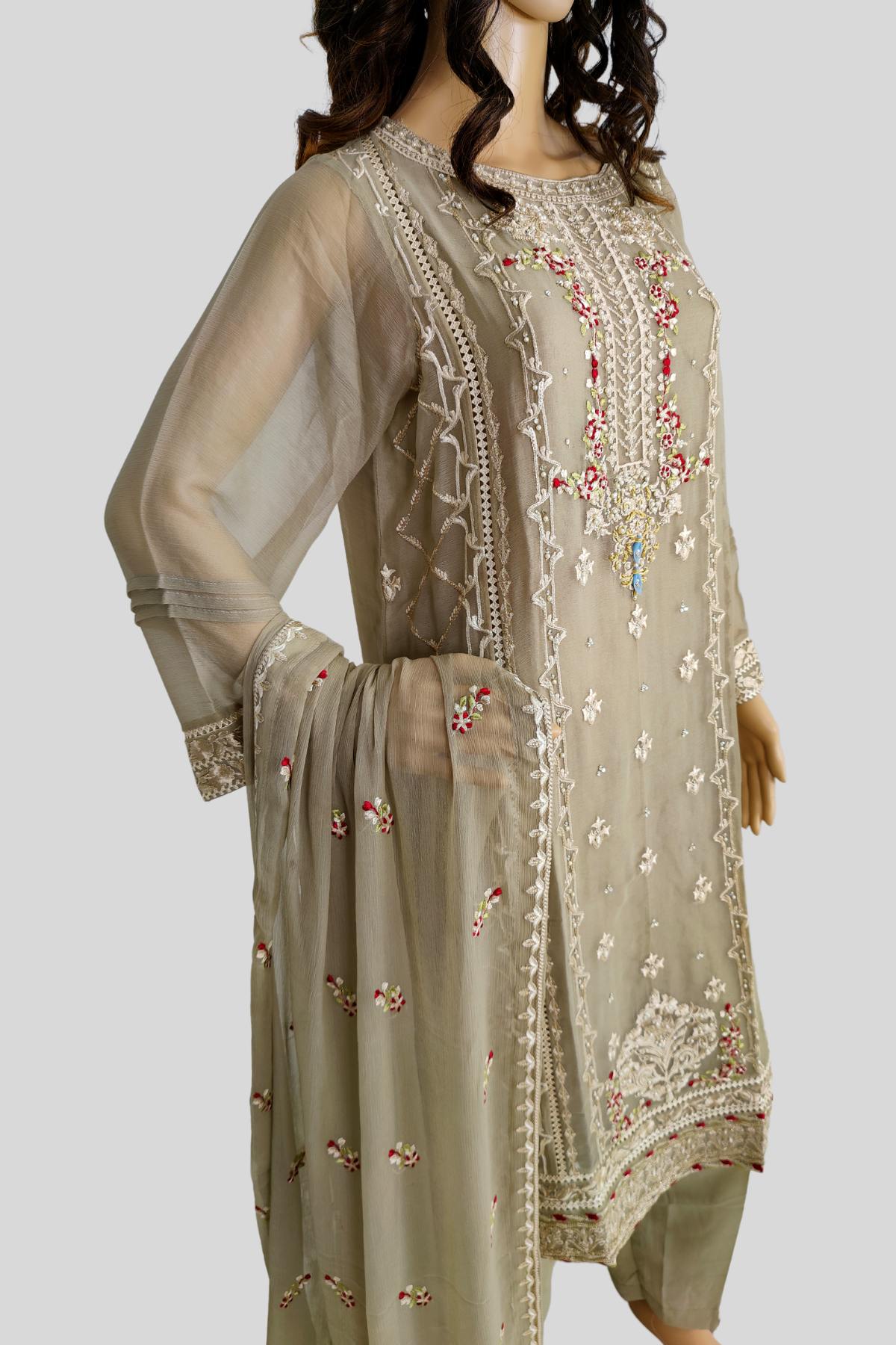 3 Piece Embroidered Chiffon Suit