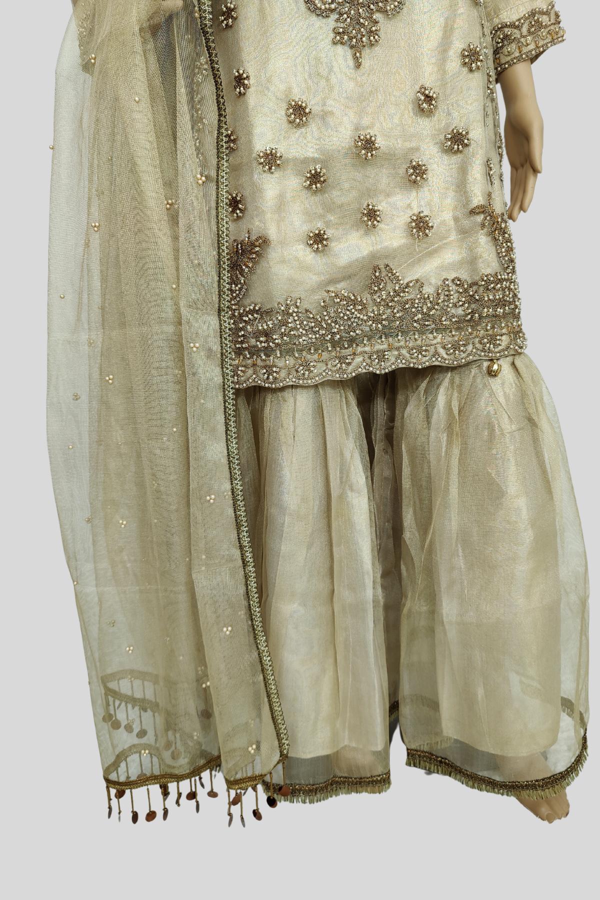3 Piece Embroidered Khaadi Net Sharara Set/Suit