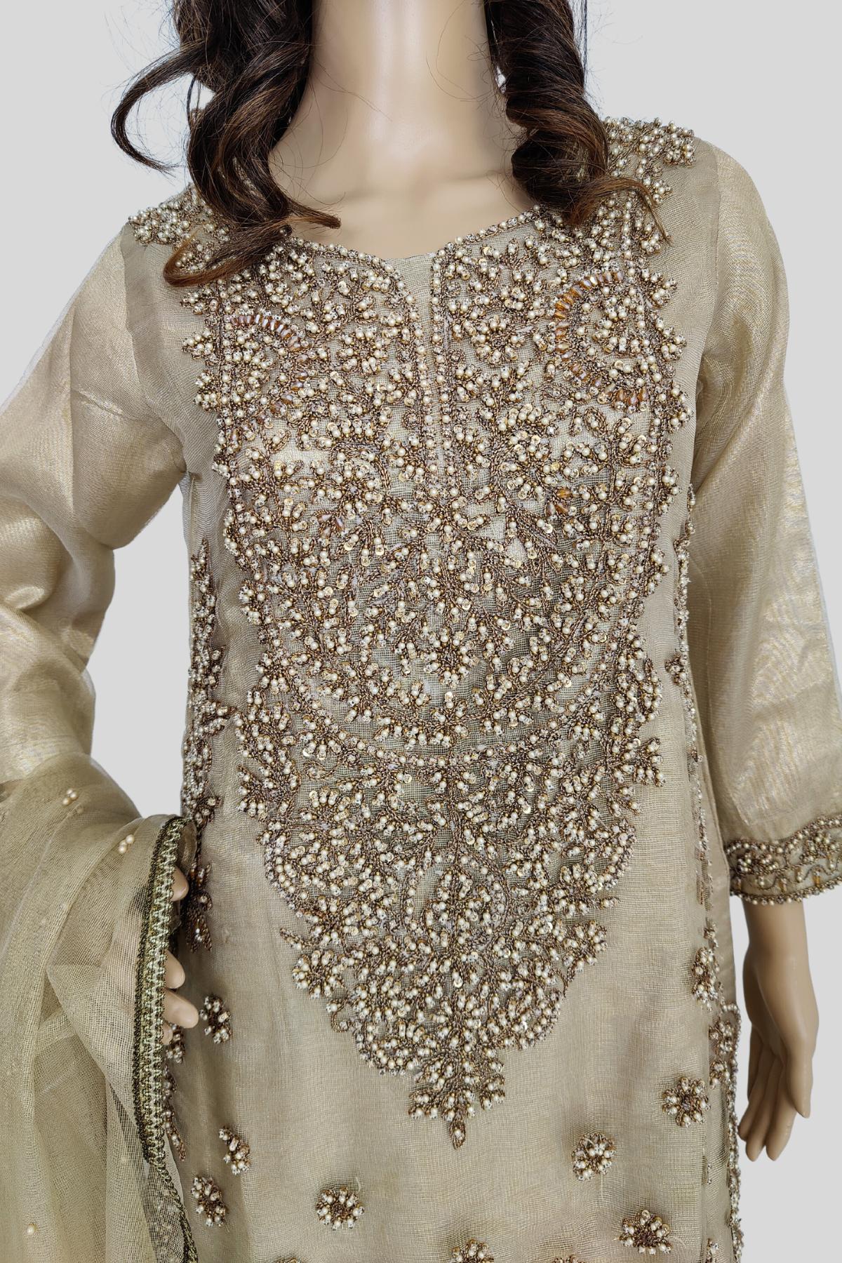 3 Piece Embroidered Khaadi Net Sharara Set/Suit